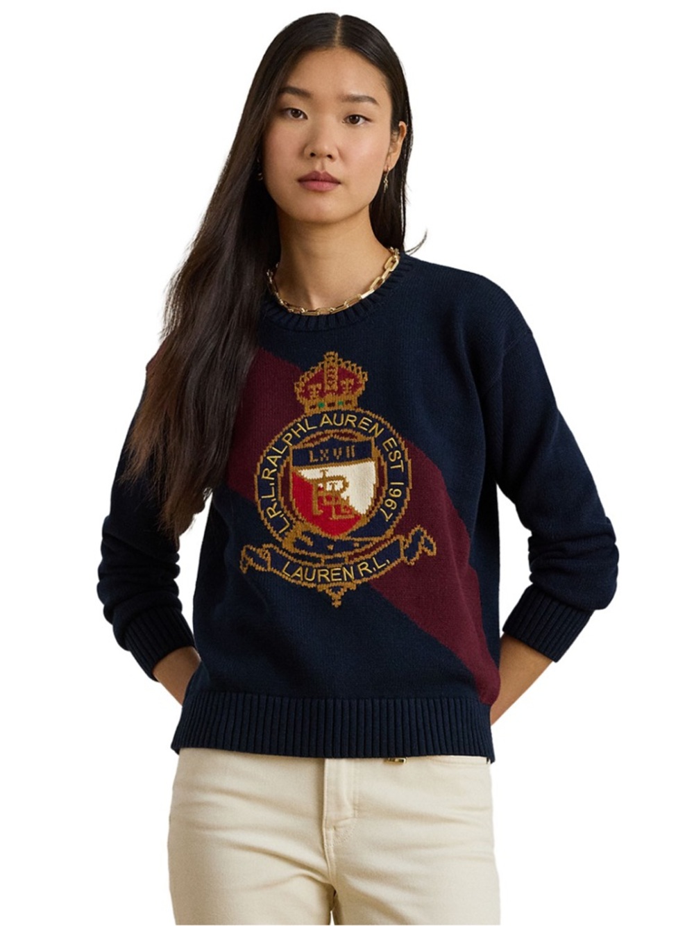 Ralph Lauren Navy Crewneck Sweater with Burgundy Diagonal and Crest
